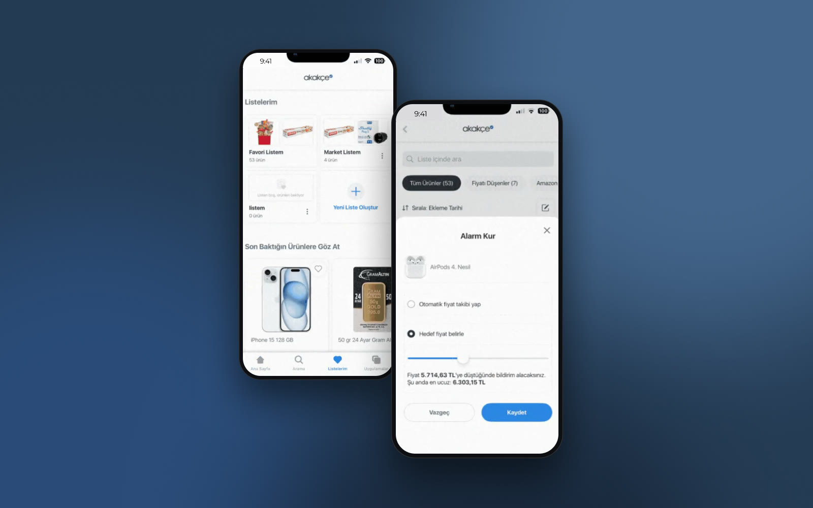 Akakçe’s lists and price alert screens on two phones