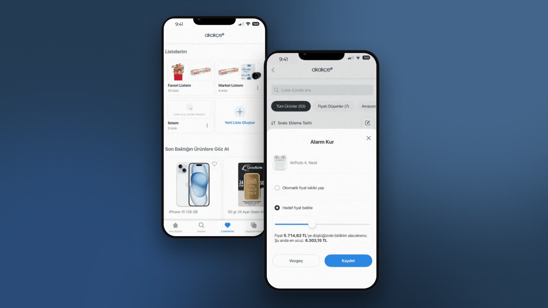 Akakçe’s lists and price alert screens on two phones
