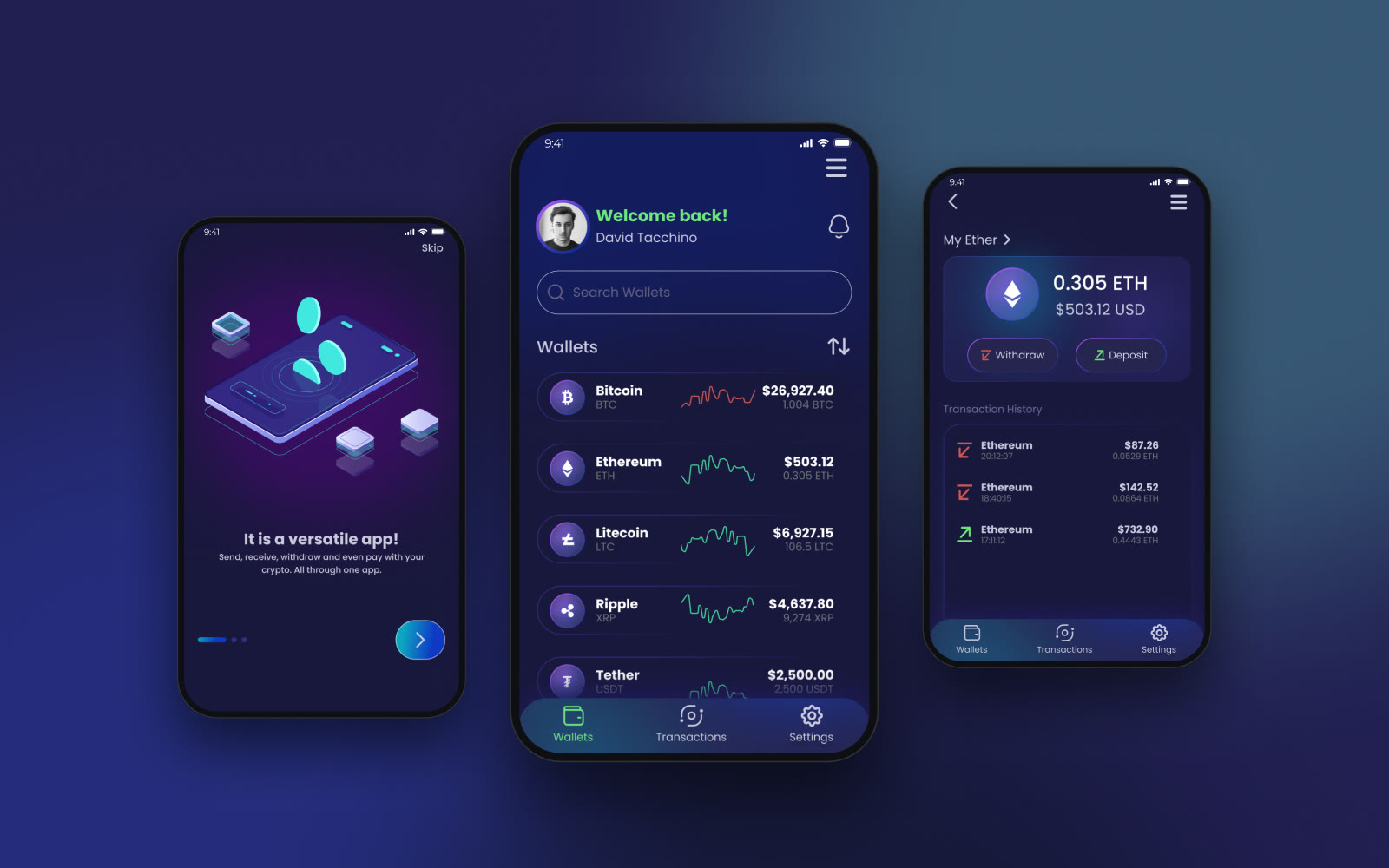 Three ArgWallet screens on phones: onboarding, the wallets list and an Ethereum wallet