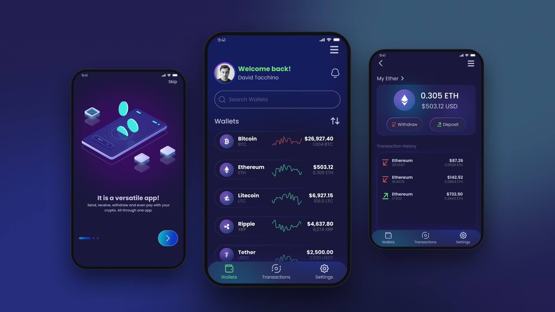Three ArgWallet screens on phones: onboarding, the wallets list and an Ethereum wallet