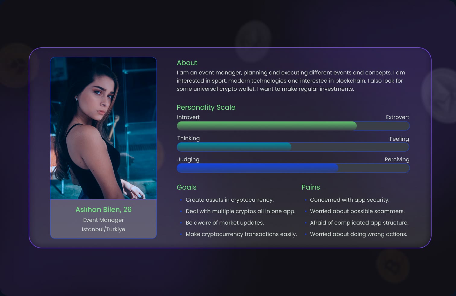 Persona card for Aslıhan Bilen, 26, an event manager in Istanbul, with her goals and pains