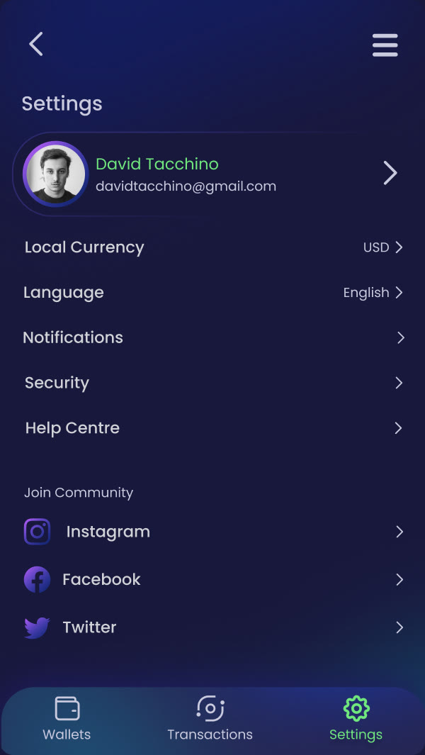 Settings screen