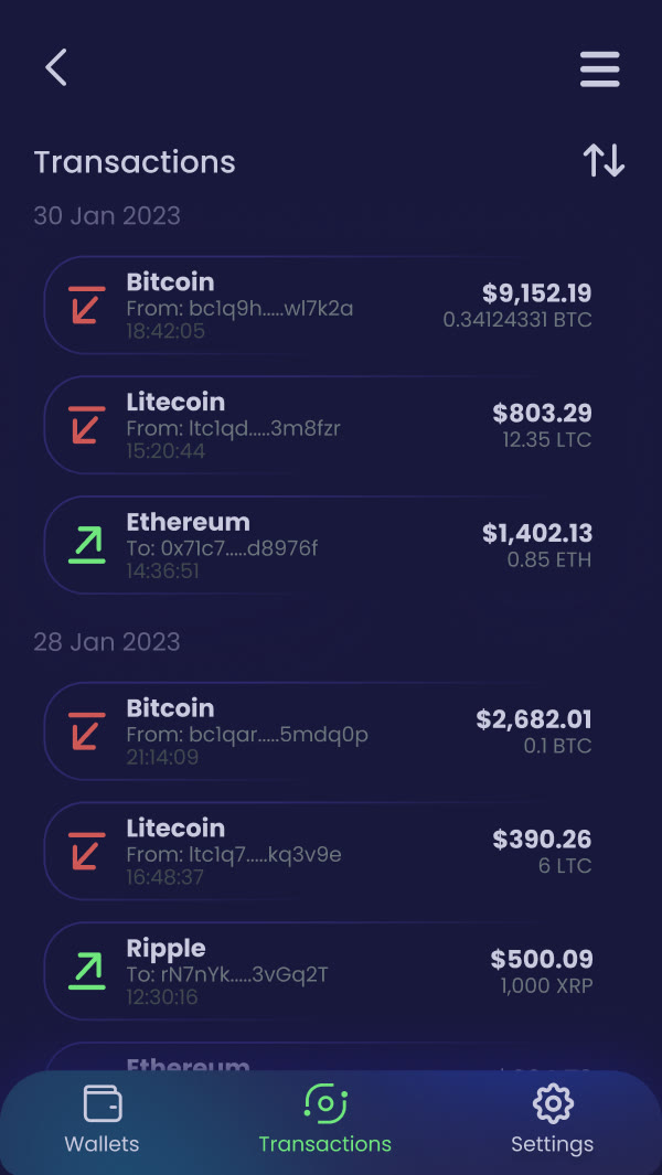 Transactions screen
