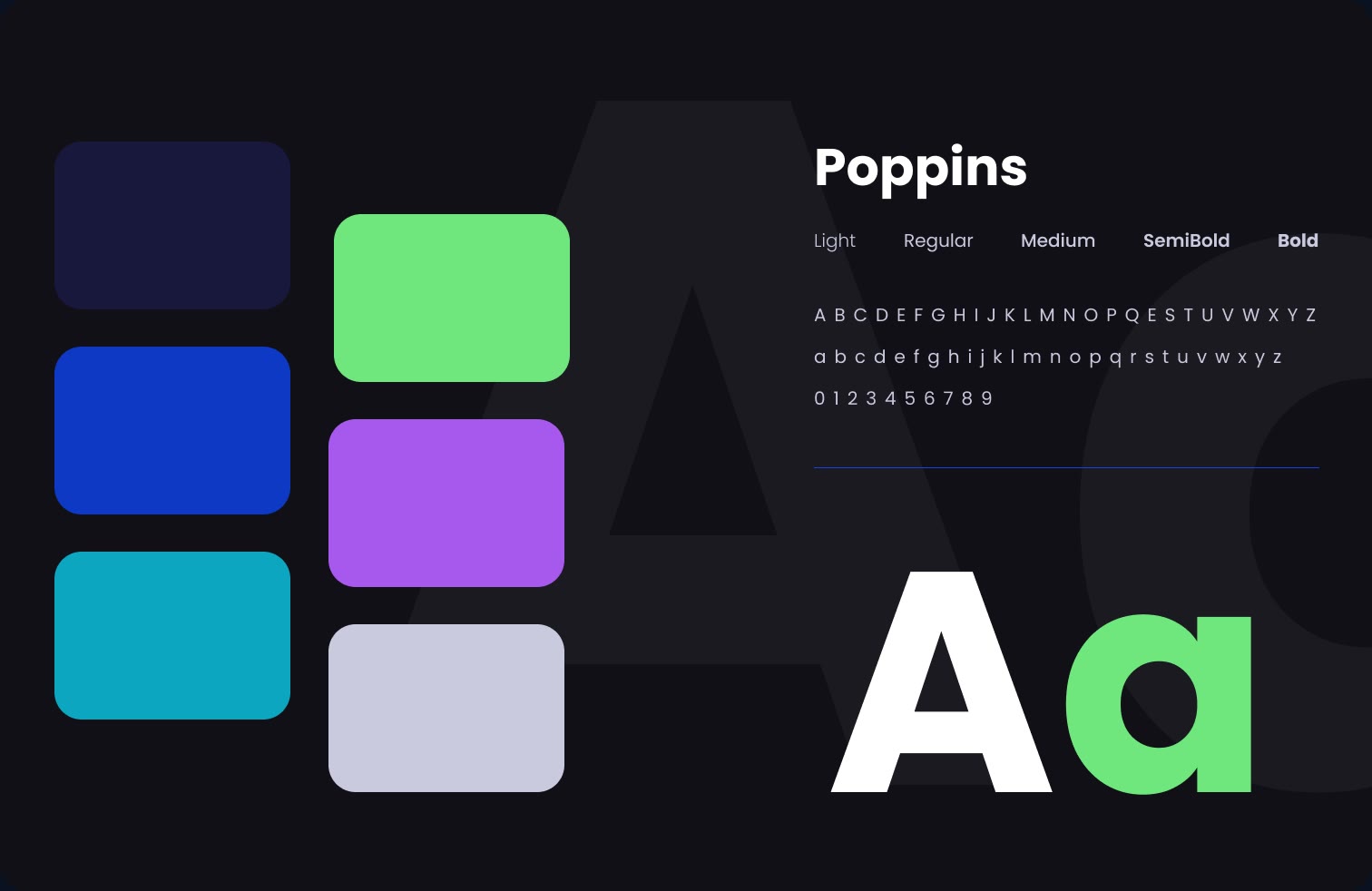 Style guide: the Poppins typeface and a palette of navy, blue, cyan, green, purple and pale lavender