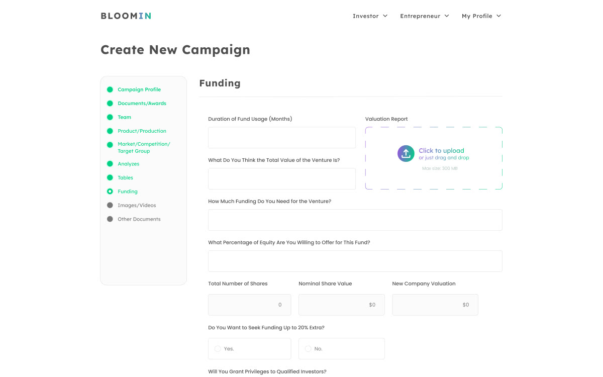 New campaign: funding screen