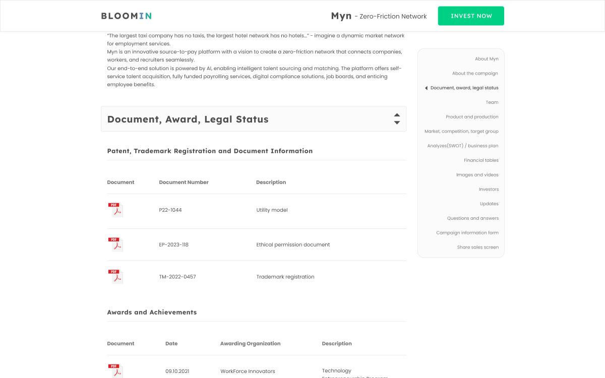 Documents and awards screen
