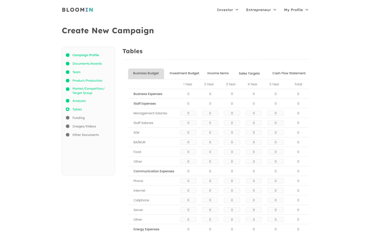 New campaign: financial tables screen