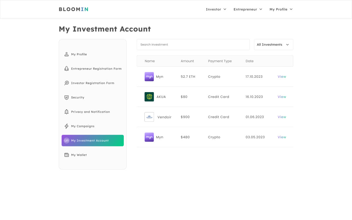 Investment account screen