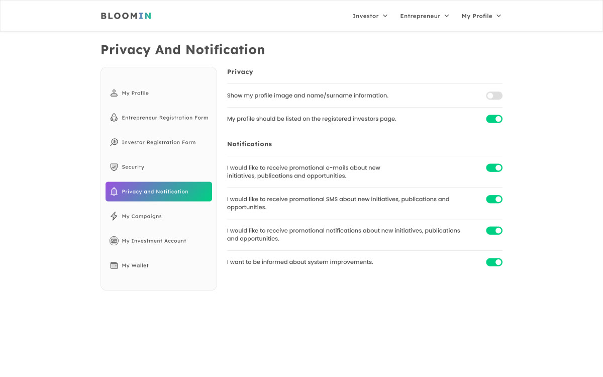 Privacy and notifications screen