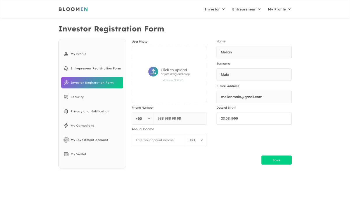 Investor registration screen