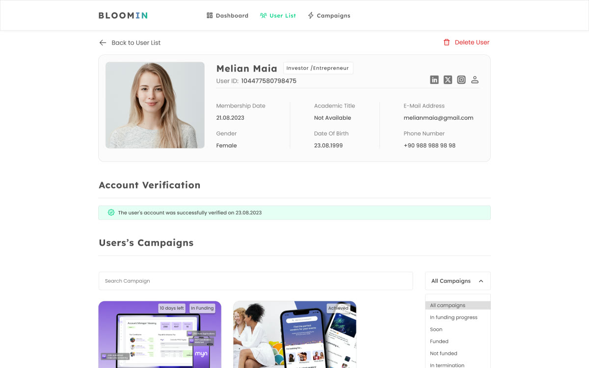 Admin: a user’s details screen