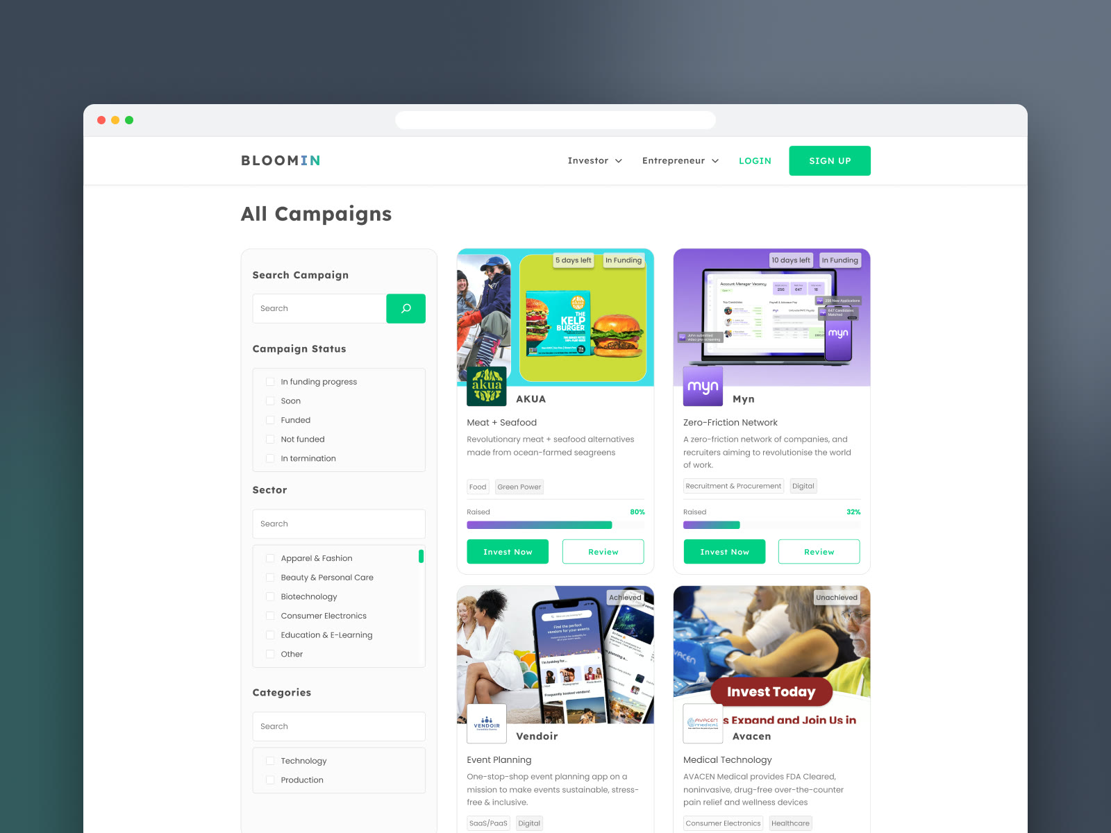 All campaigns page with filters and campaign cards