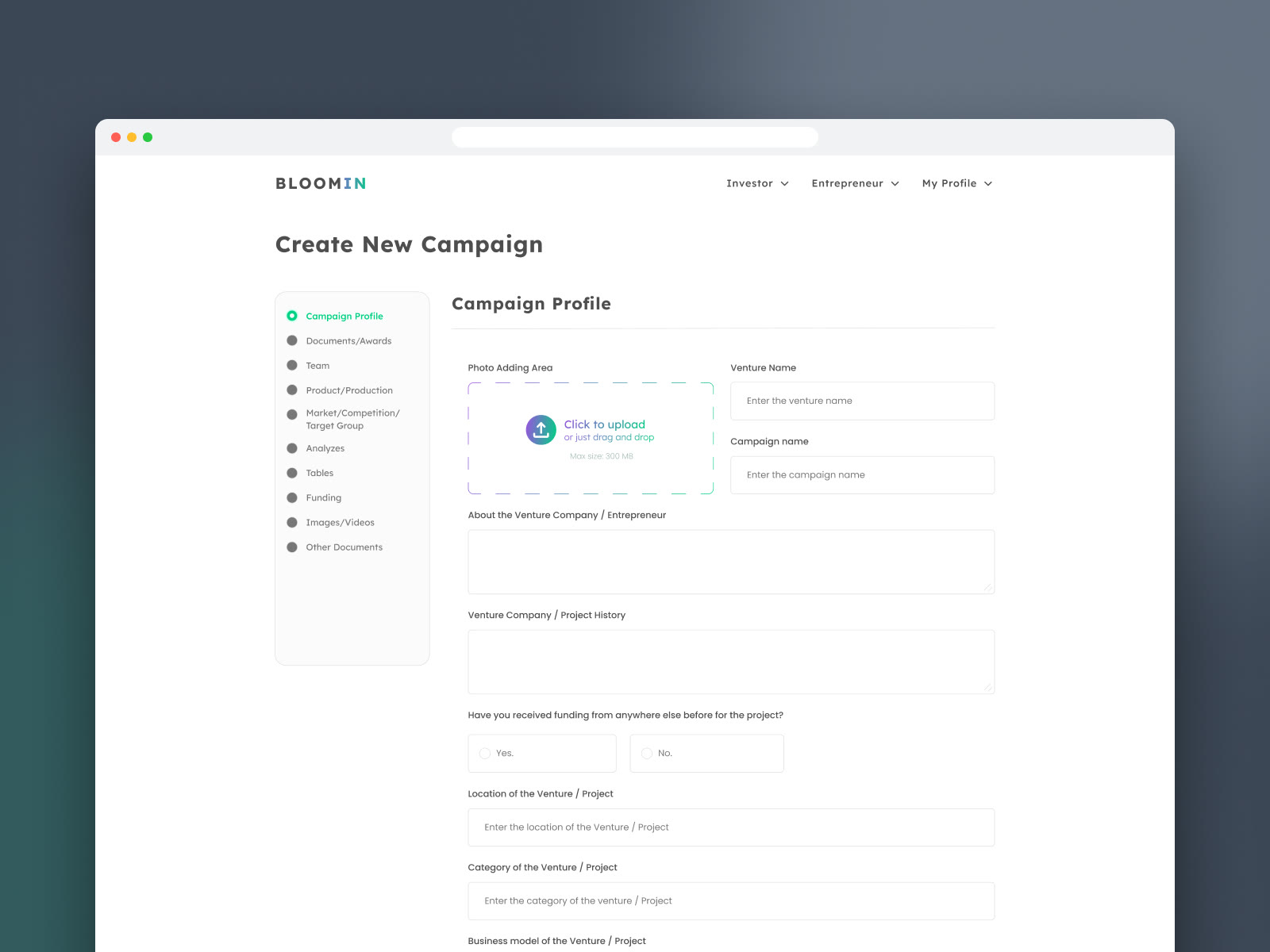 Create New Campaign: the campaign profile step with the list of steps on the left
