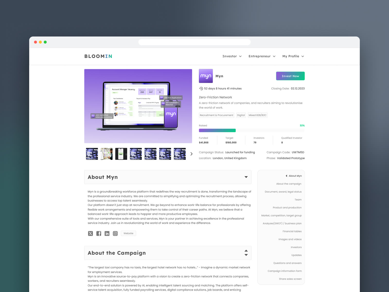 Campaign page for Myn with images, funding progress and the About section