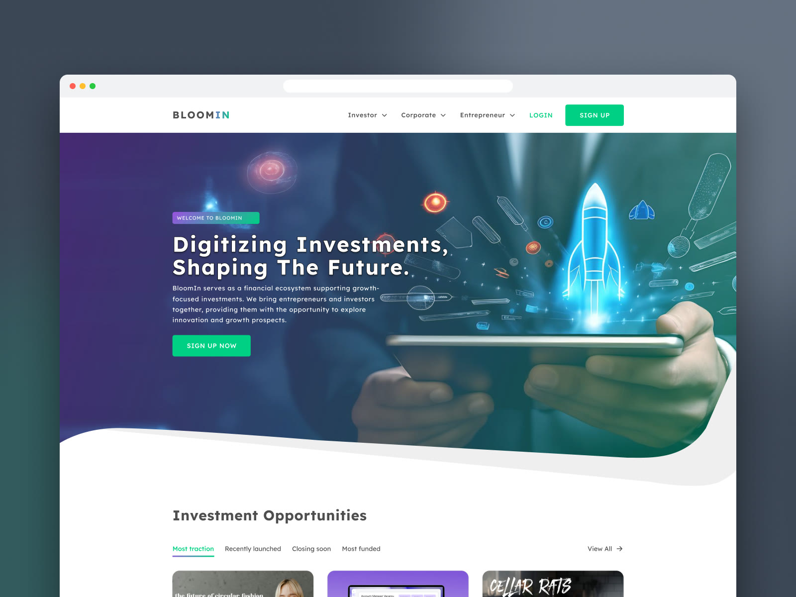 BloomIn’s landing page in a browser: Digitizing Investments, Shaping The Future