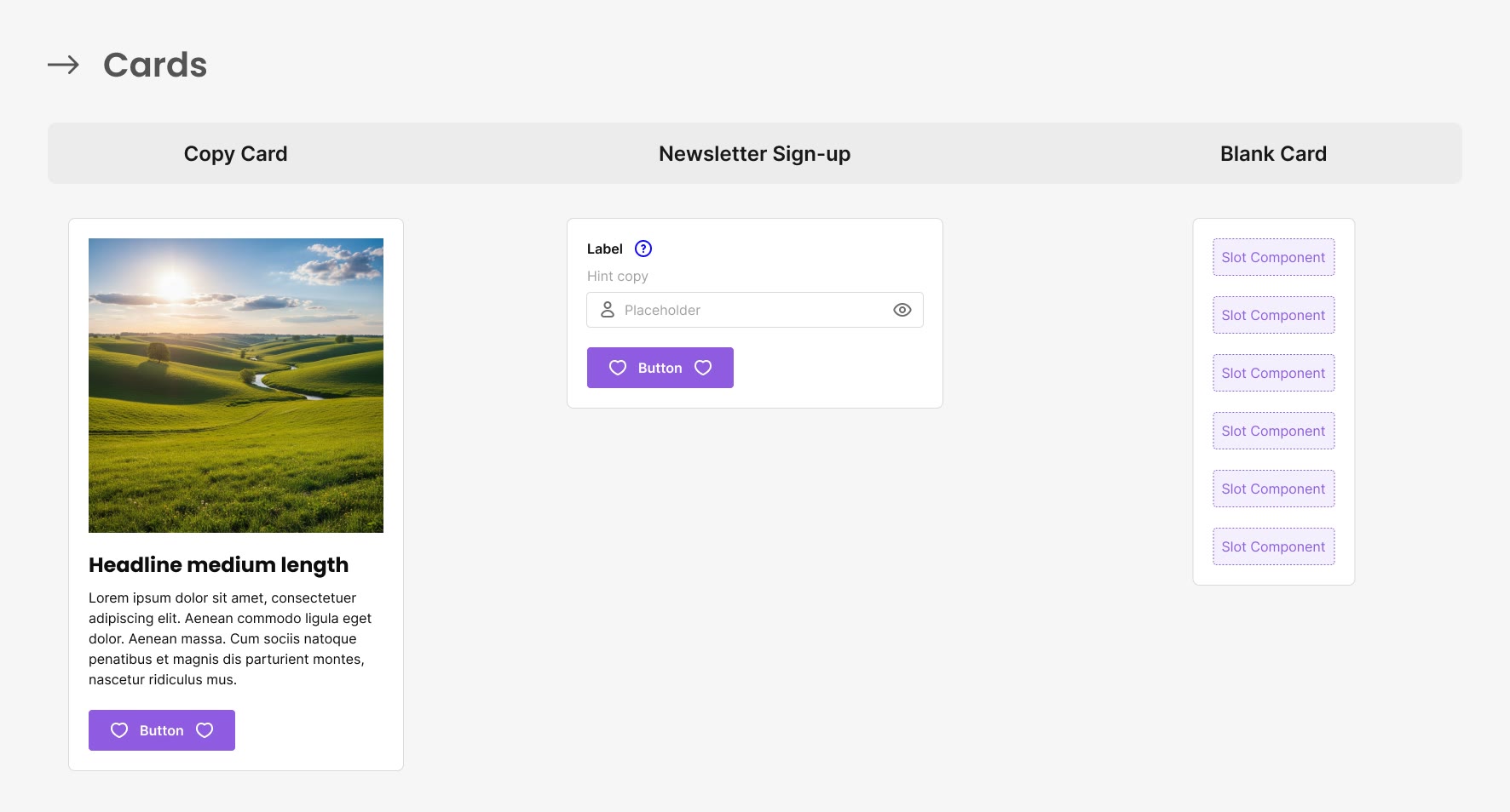 Cards built from slots: a copy card, a newsletter sign-up and a blank card