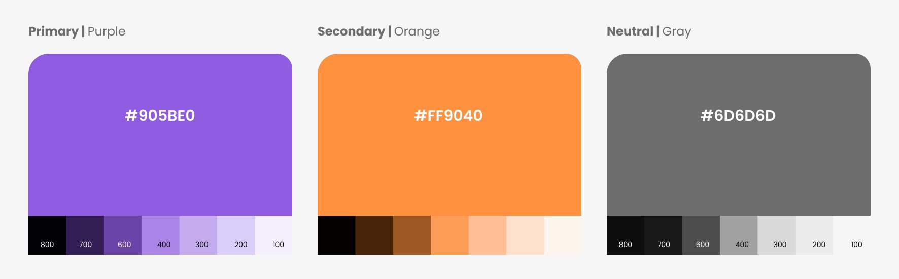 Brand colors: purple #905BE0, orange #FF9040 and gray #6D6D6D, each with a ramp from 800 to 100