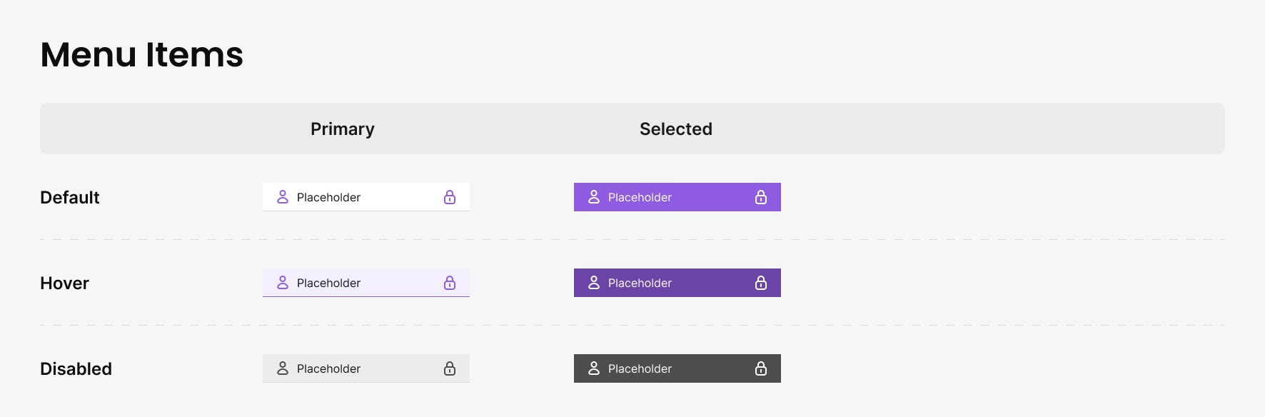 Menu items: primary and selected, default, hover and disabled