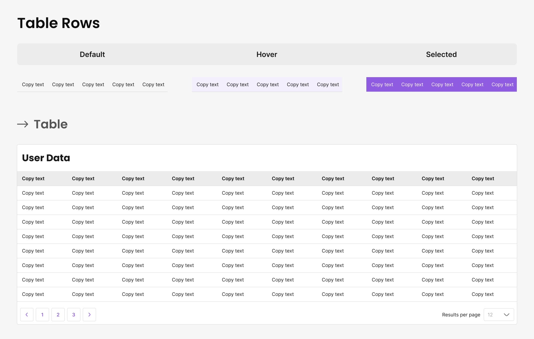 Table rows and a full data table with pagination