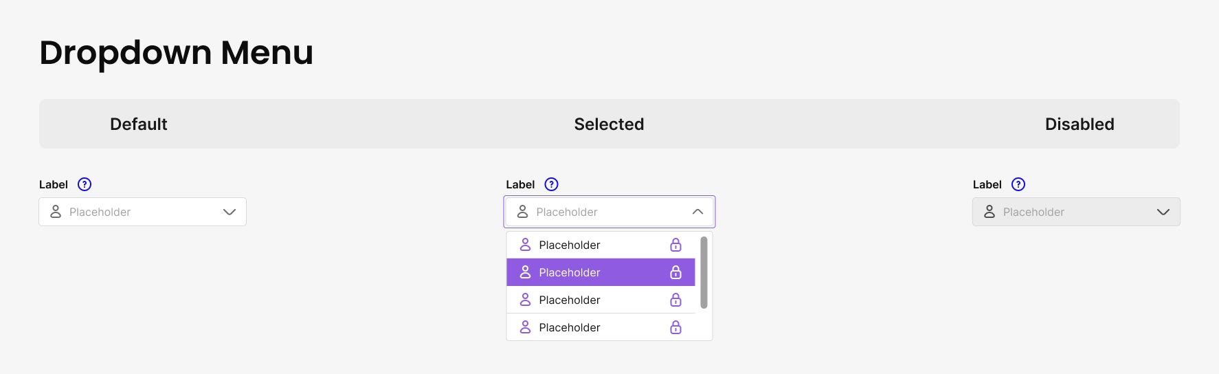 Dropdown menu: default, selected and disabled