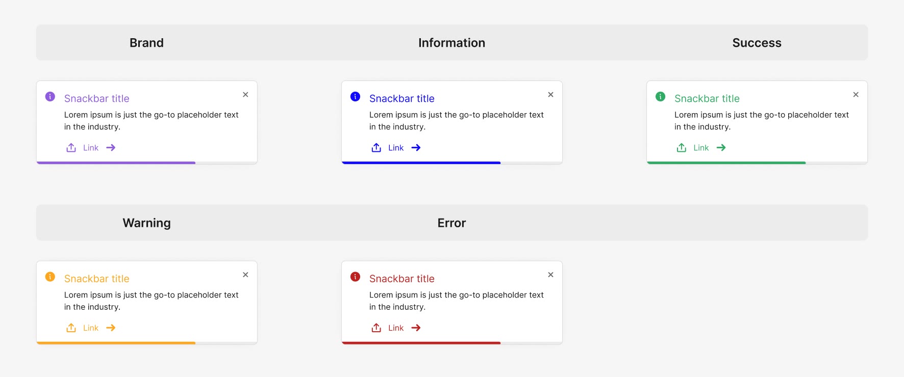 Snackbars in brand, information, success, warning and error variants