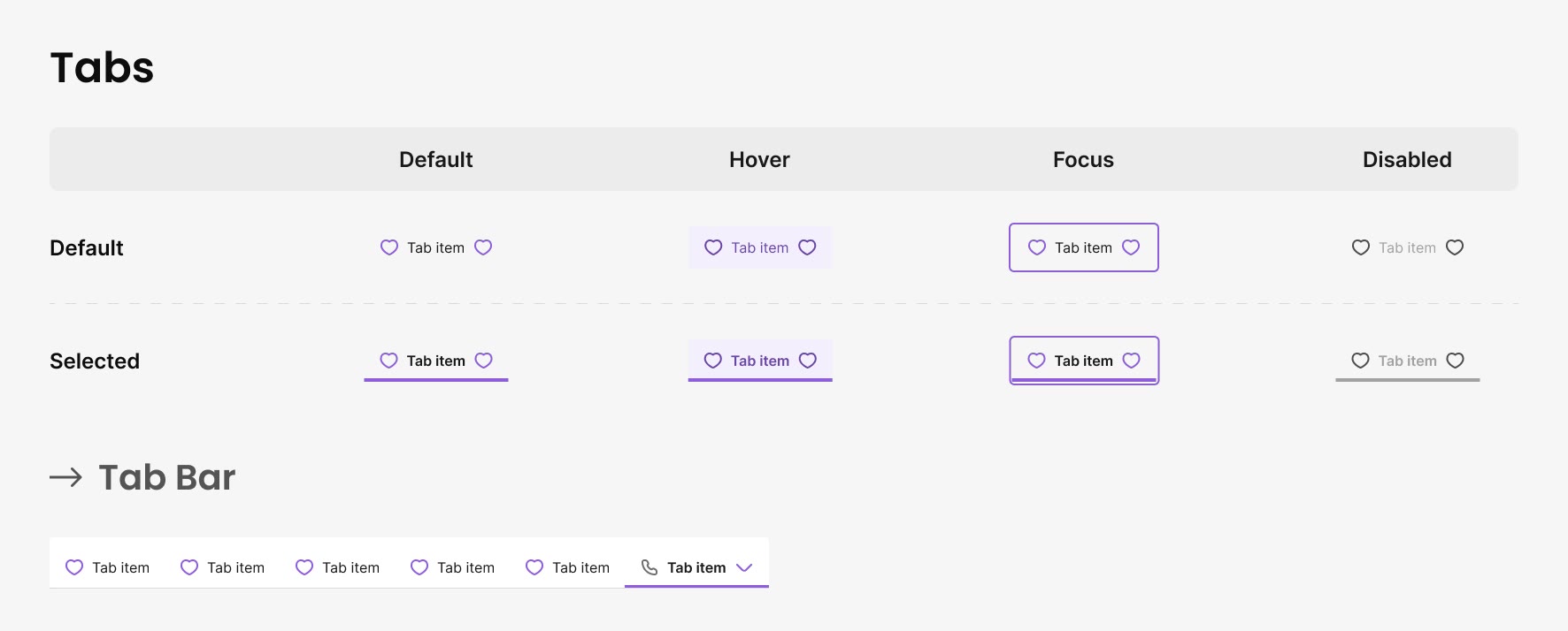 Tabs and tab bar in default, hover, focus and disabled states