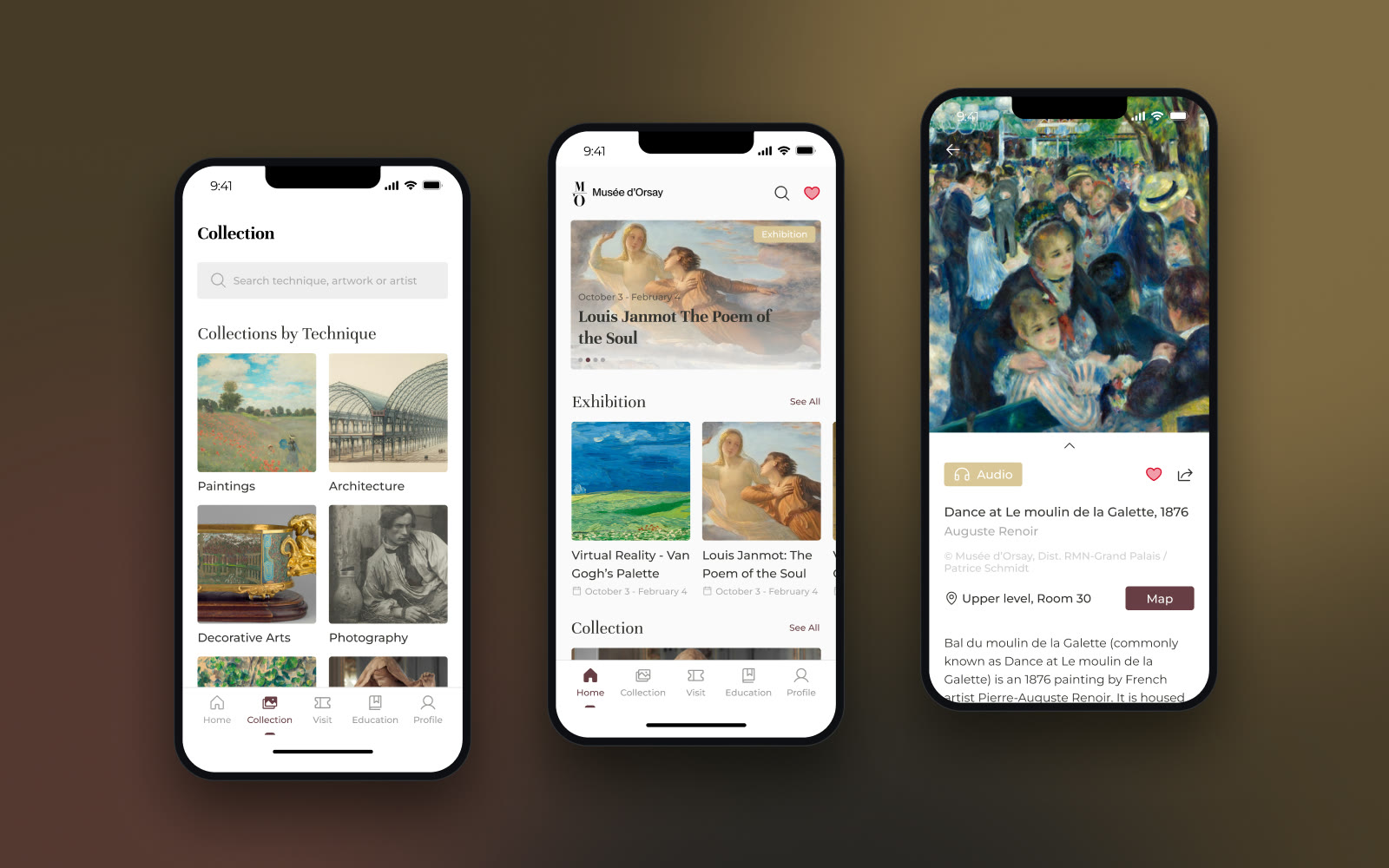 Three screens of the Orsay Museum app: collection, home and an artwork