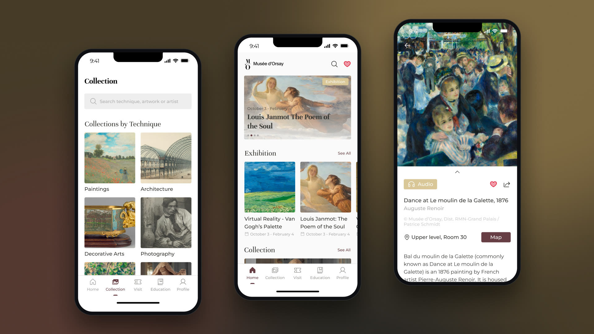 Three screens of the Orsay Museum app: collection, home and an artwork