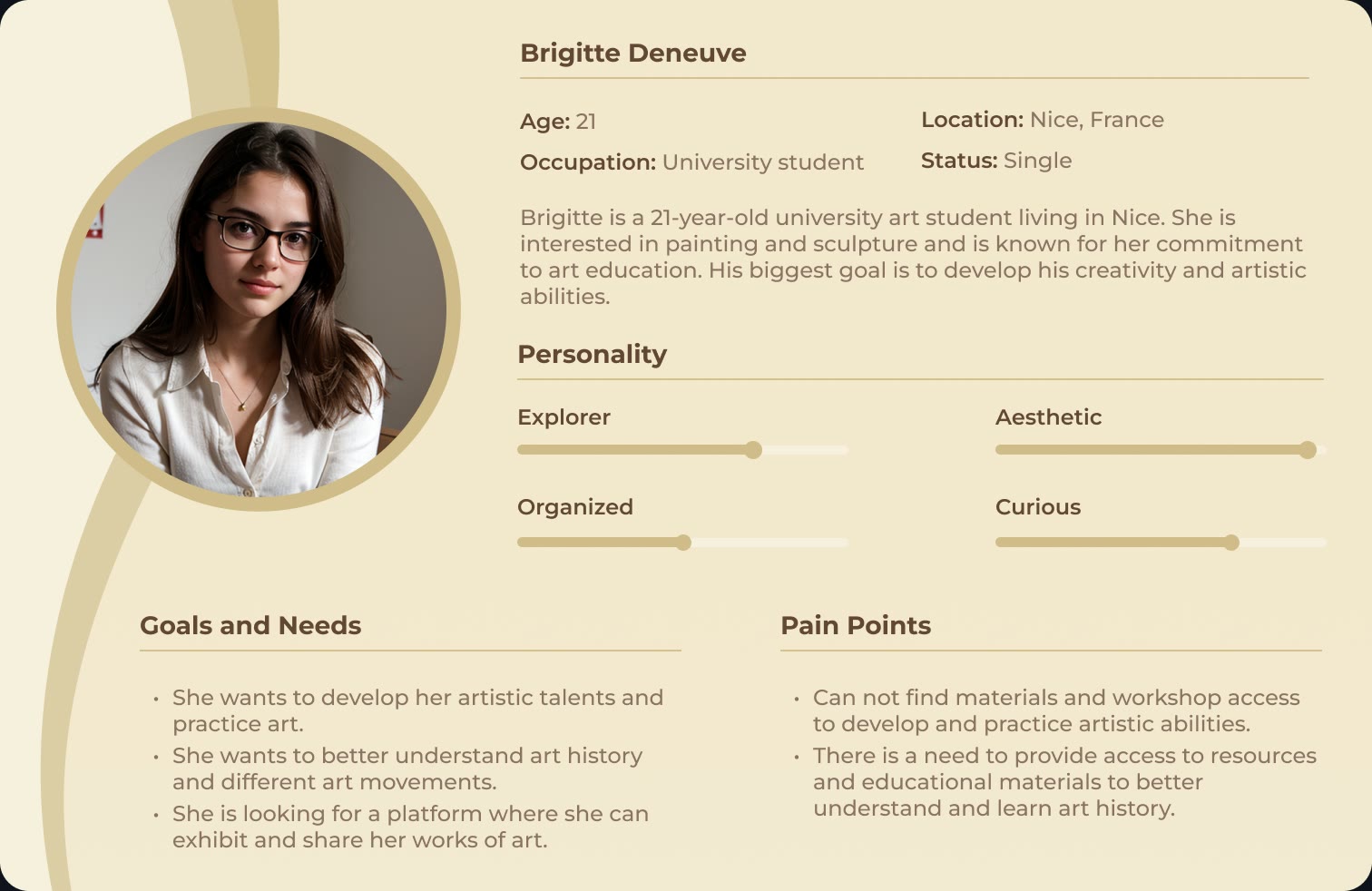 Persona card for Brigitte, a university art student in Nice