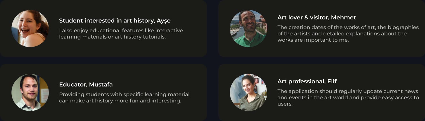 Interview quotes from a student, an art lover and visitor, an educator and an art professional