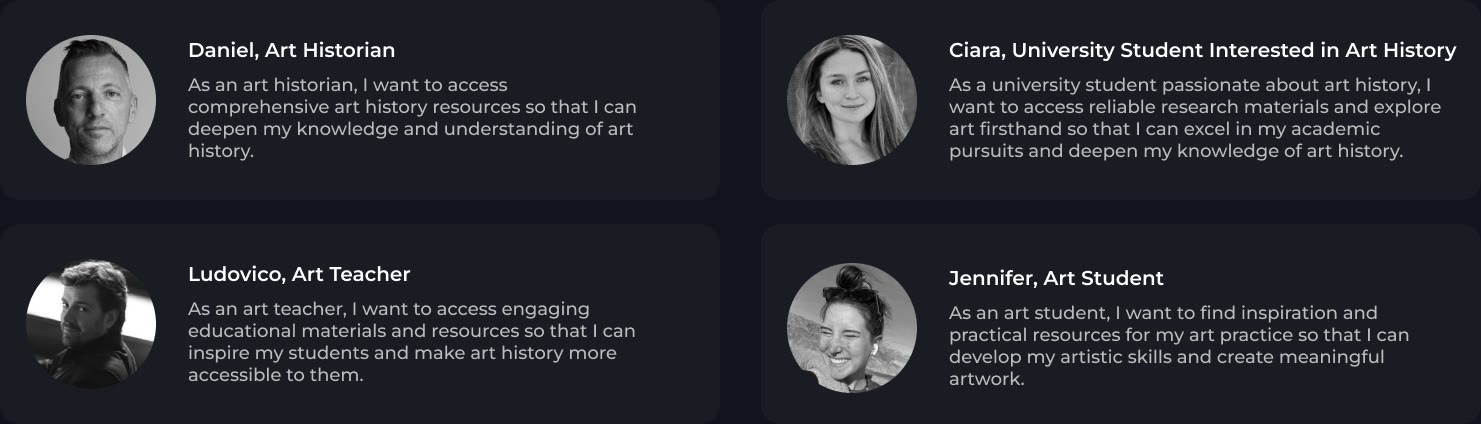 User stories from Daniel, an art historian; Clara, a university student; Ludovico, an art teacher; and Jennifer, an art student