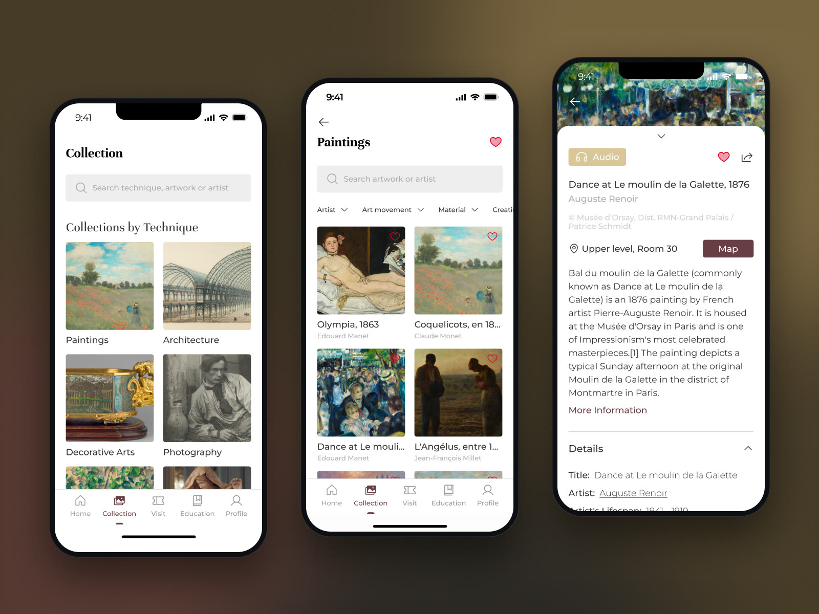Collection screens: browsing by technique, paintings, and an artwork’s page with its audio guide and room