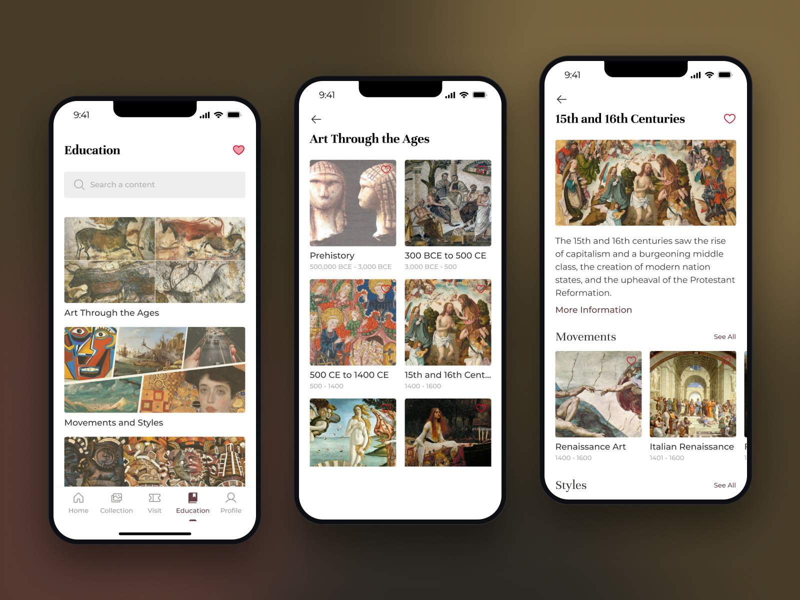 Education screens: art through the ages, periods, and the 15th and 16th centuries