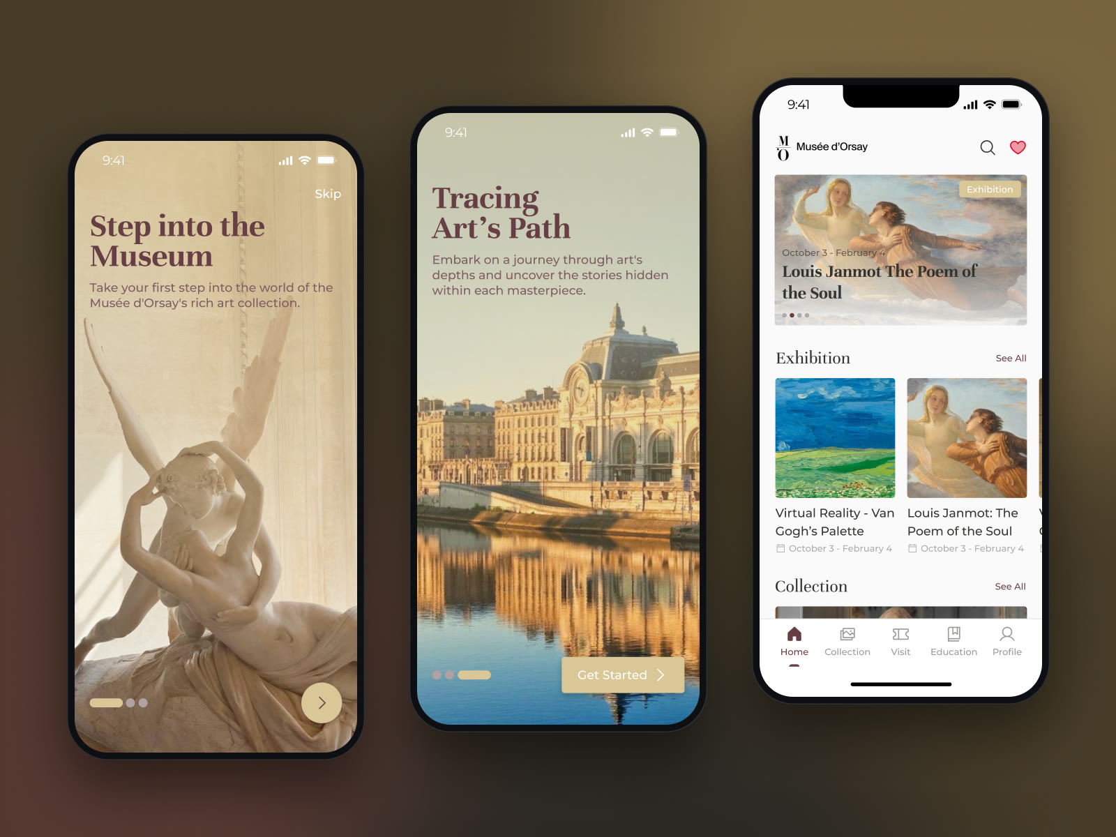 Two onboarding screens framed by artworks, and the home screen
