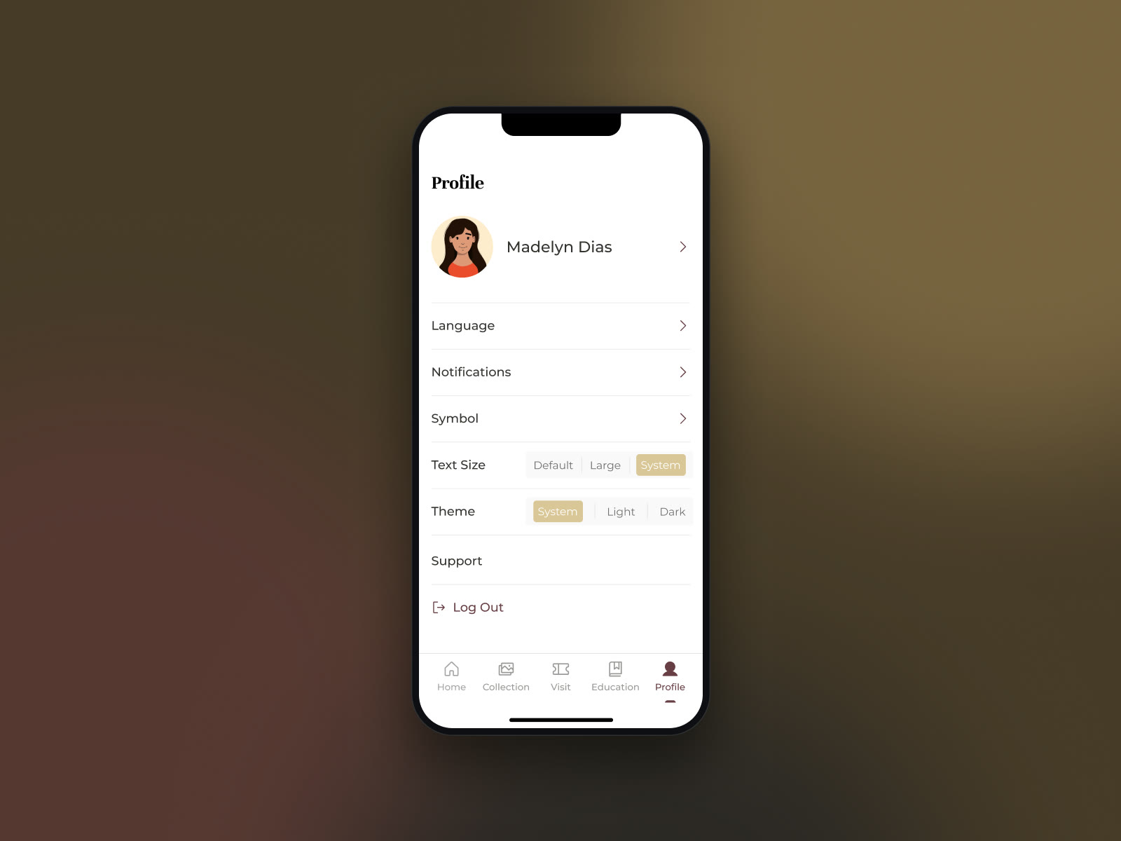 Profile screen with language, notifications, text size and theme settings