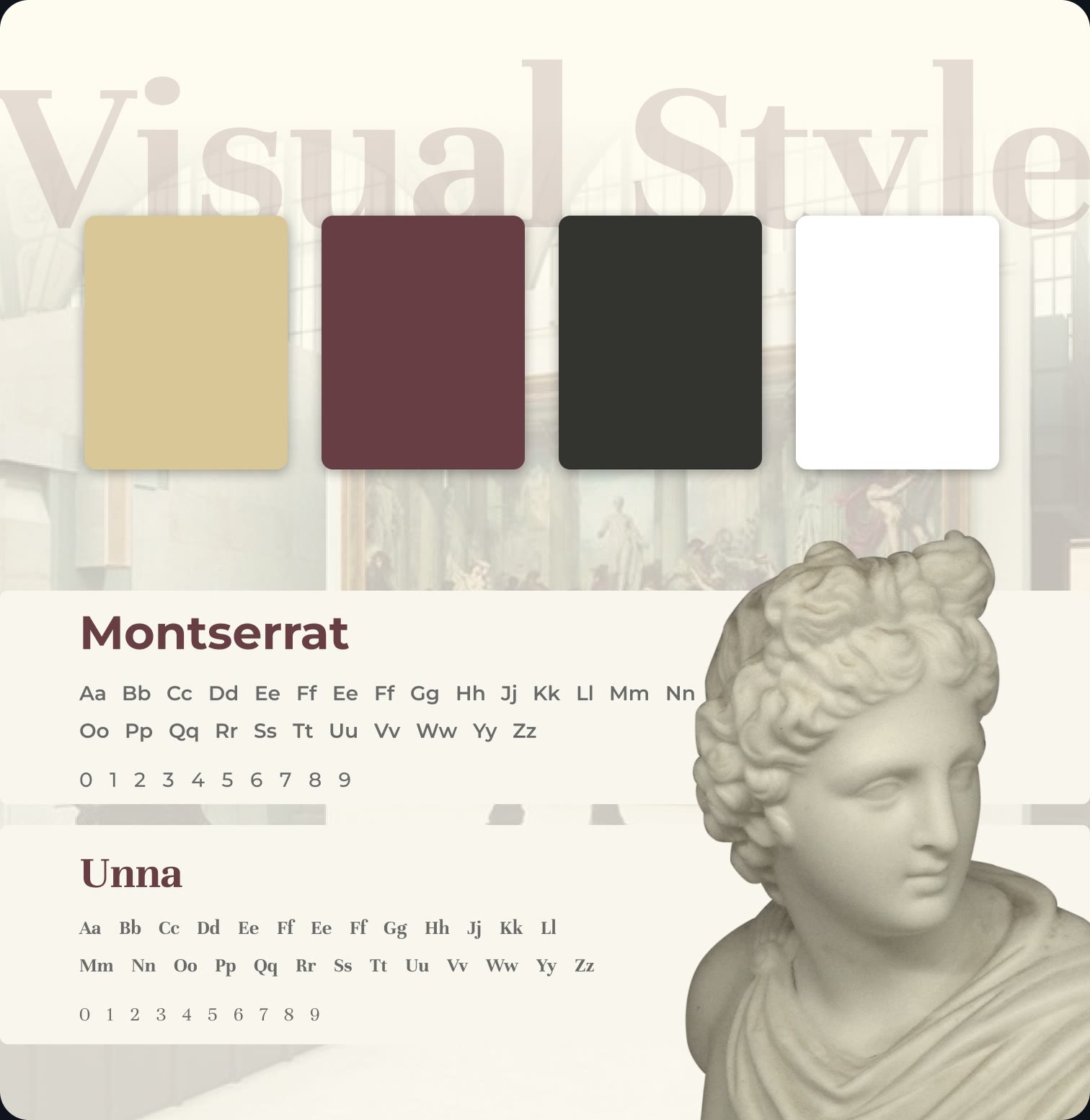 Color palette (gold, burgundy, charcoal, white) and the Montserrat and Unna typefaces