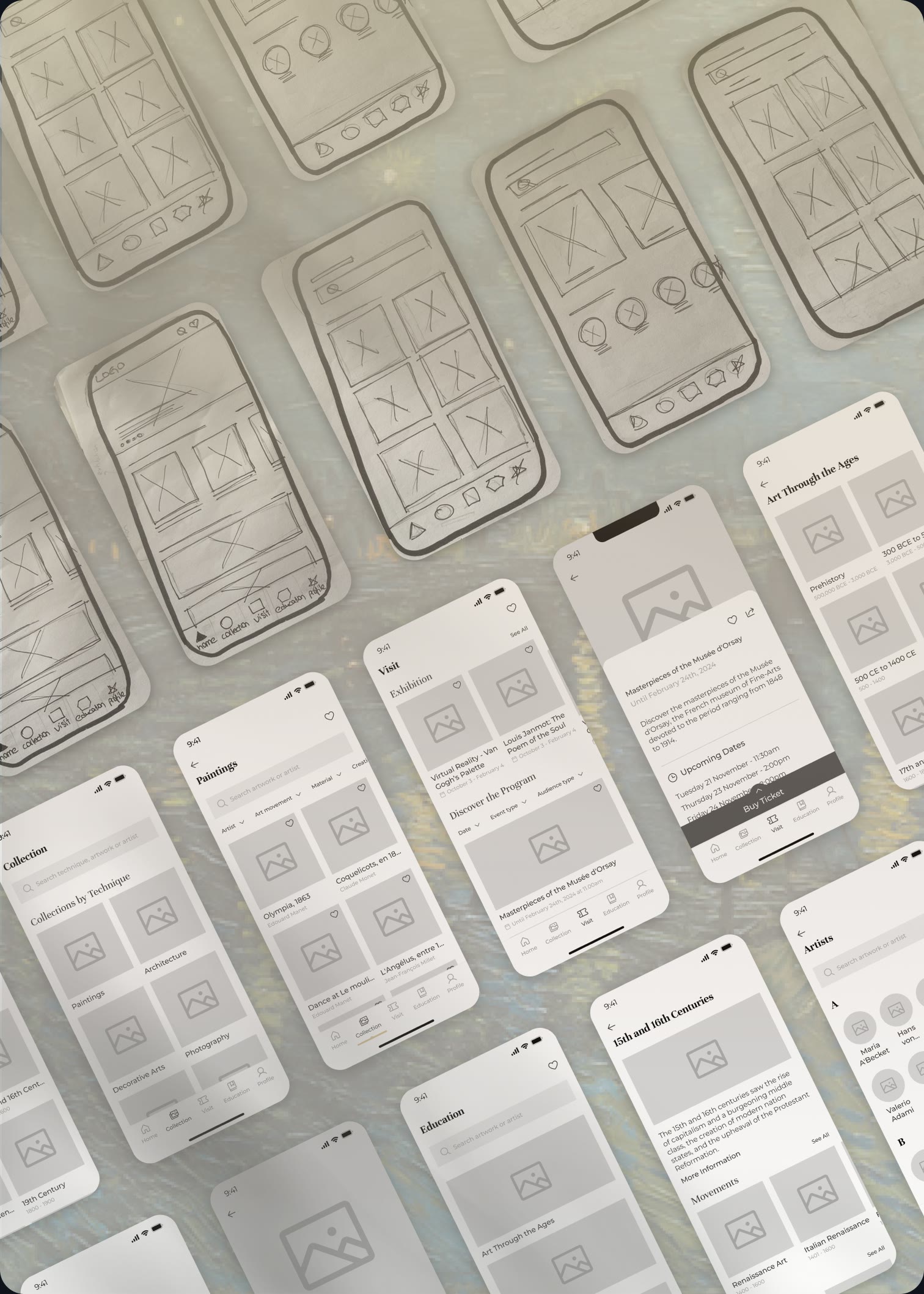 Paper sketches next to the digital wireframes