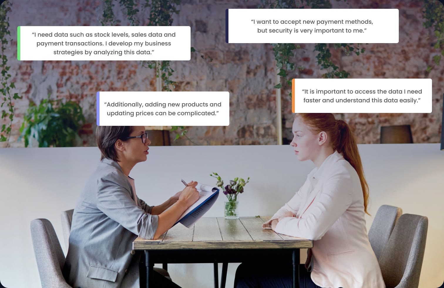 User interview with four quotes about needing stock and sales data, accepting new payment methods securely, adding products and updating prices, and getting to data faster