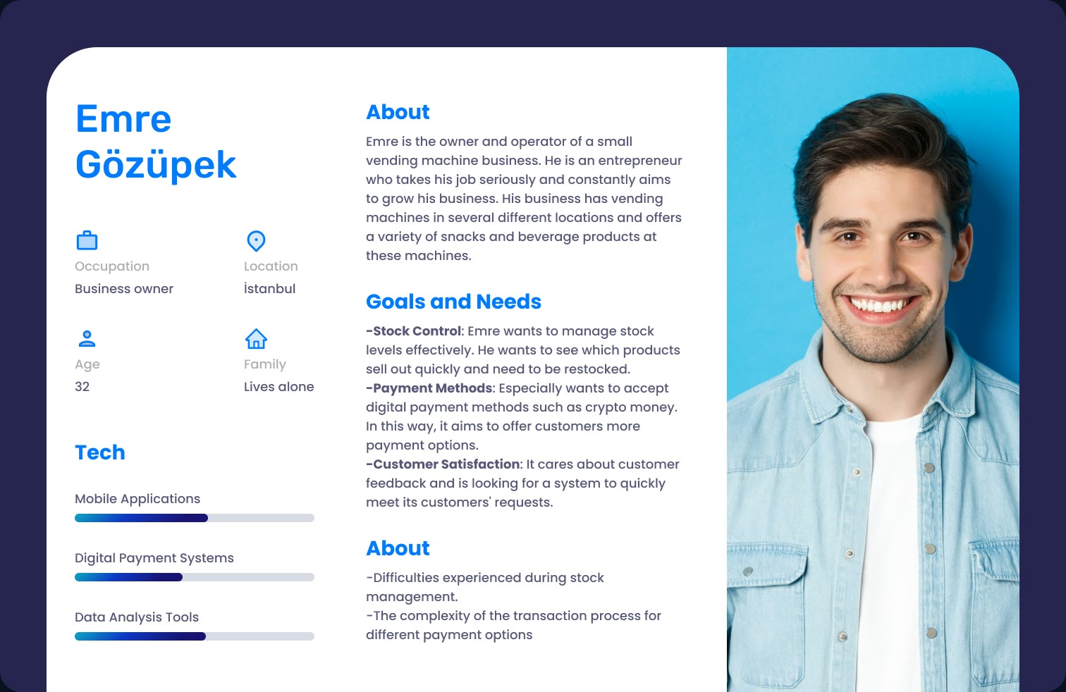 Persona card for Emre Gözüpek, owner and operator of a small vending machine business, with his goals, needs and frustrations