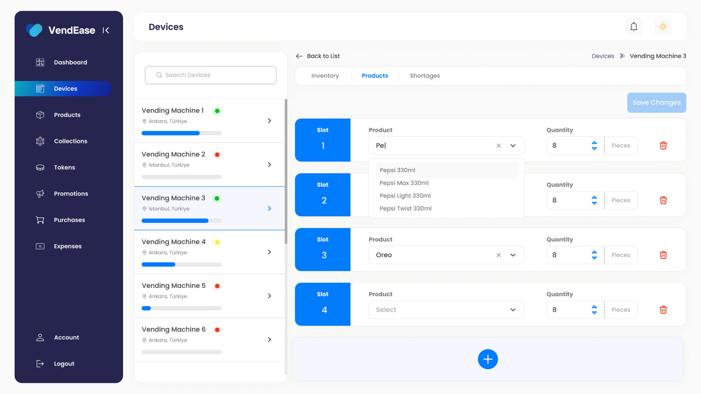 Placing products in slots screen