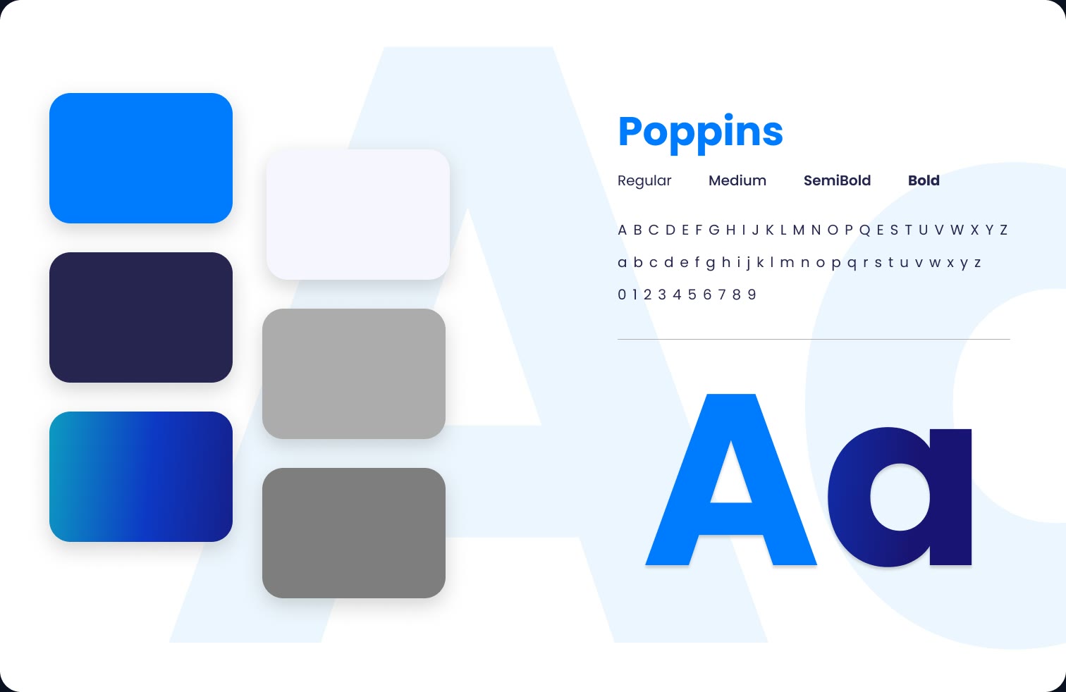 Style guide: the Poppins typeface and a palette of bright blue, navy, a blue gradient, white and greys